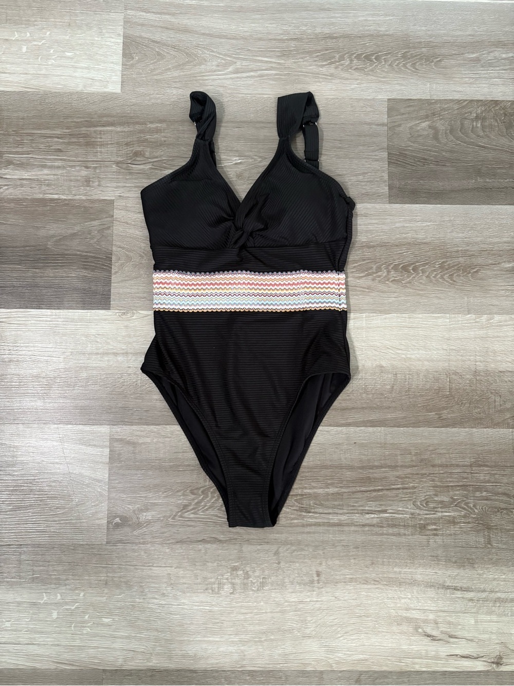 Black One-Piece Swimsuit with Multicolor Waistband